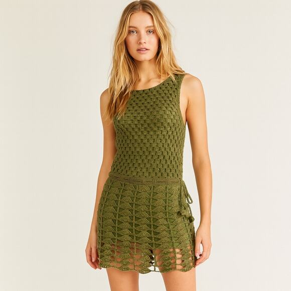 Vintage 70s Handmade Green Crochet Boho Retro Mini Dress XS - Picture 1 of 8